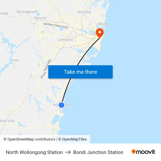 North Wollongong Station to Bondi Junction Station map