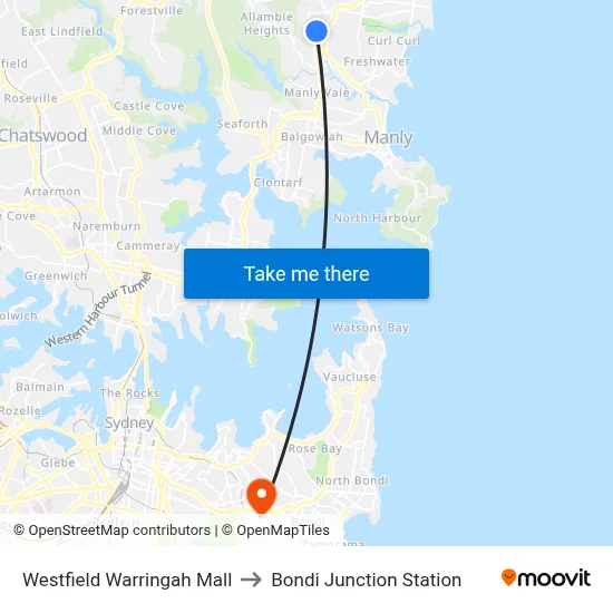 Westfield Warringah Mall to Bondi Junction Station map