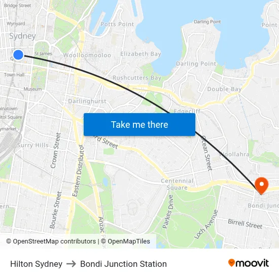 Hilton Sydney to Bondi Junction Station map