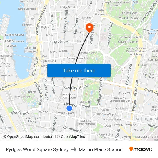 Rydges World Square Sydney to Martin Place Station map