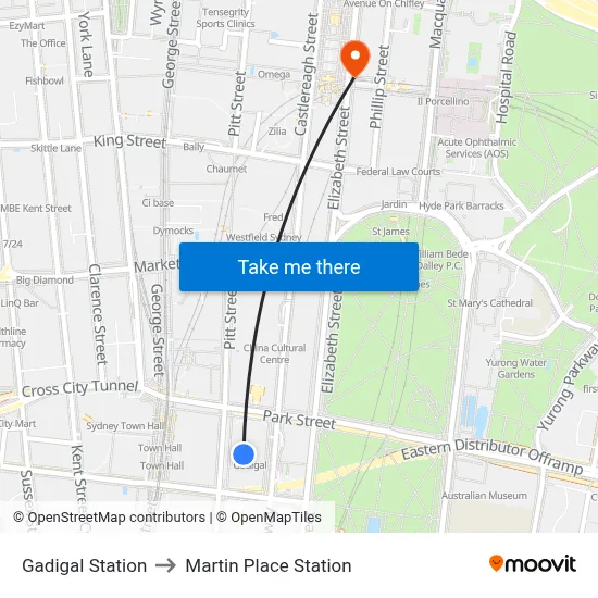 Gadigal Station to Martin Place Station map