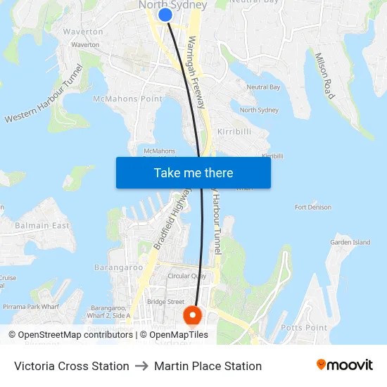 Victoria Cross Station to Martin Place Station map