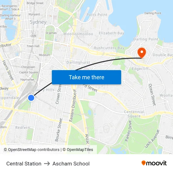Central Station to Ascham School map