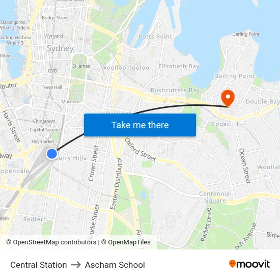Central Station to Ascham School map