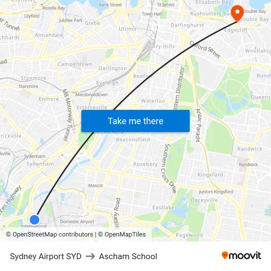 Sydney Airport SYD to Ascham School map