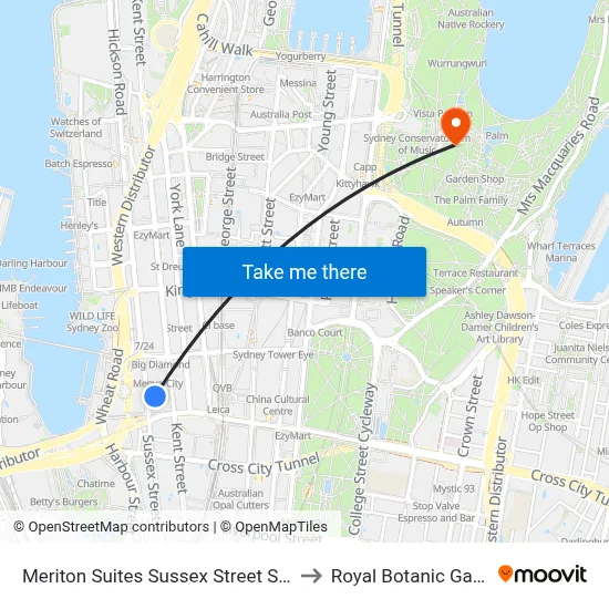 Meriton Suites Sussex Street Sydney to Royal Botanic Garden map