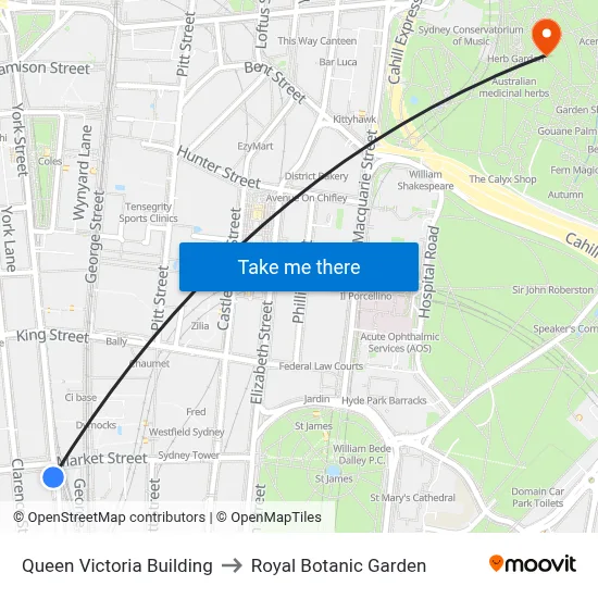Queen Victoria Building to Royal Botanic Garden map