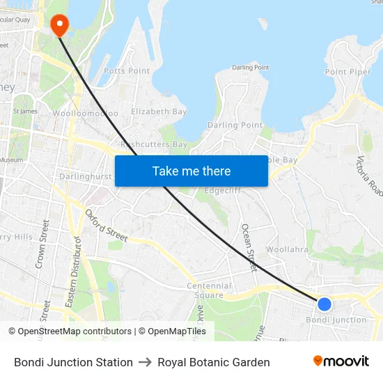 Bondi Junction Station to Royal Botanic Garden map