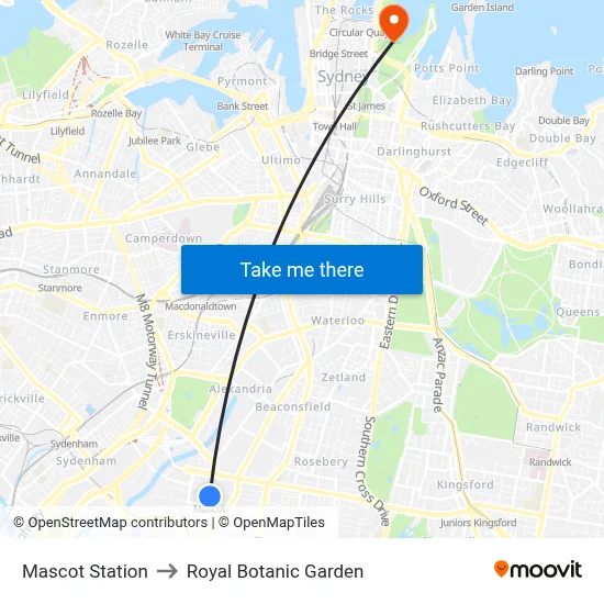 Mascot Station to Royal Botanic Garden map