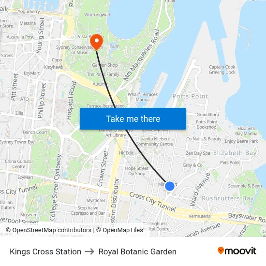 Kings Cross Station to Royal Botanic Garden map