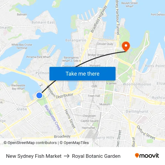 New Sydney Fish Market to Royal Botanic Garden map