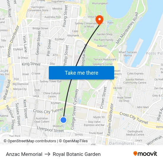 Anzac Memorial to Royal Botanic Garden map