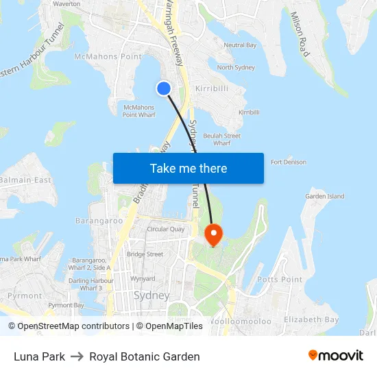 Luna Park to Royal Botanic Garden map