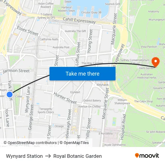 Wynyard Station to Royal Botanic Garden map