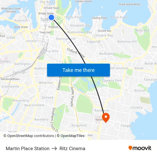 Martin Place Station to Ritz Cinema map