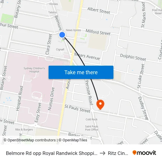 Belmore Rd opp Royal Randwick Shopping Centre to Ritz Cinema map