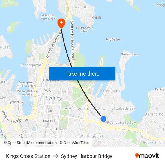 Kings Cross Station to Sydney Harbour Bridge map