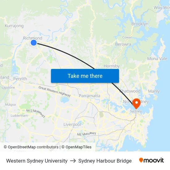 Western Sydney University to Sydney Harbour Bridge map
