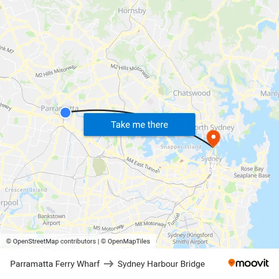 Parramatta Ferry Wharf to Sydney Harbour Bridge map