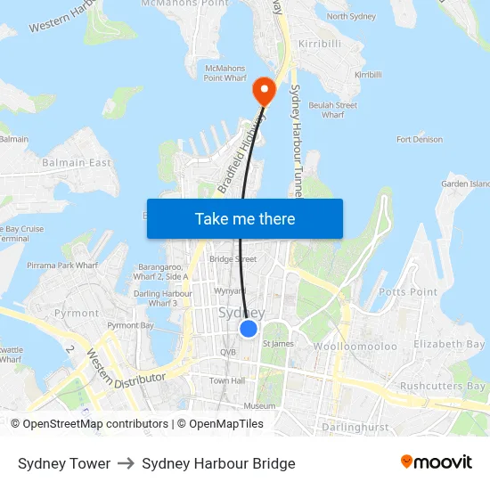 Sydney Tower to Sydney Harbour Bridge map