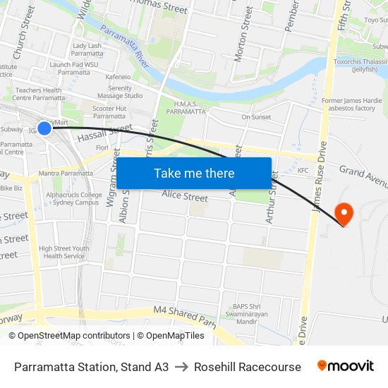 Parramatta Station, Stand A3 to Rosehill Racecourse map