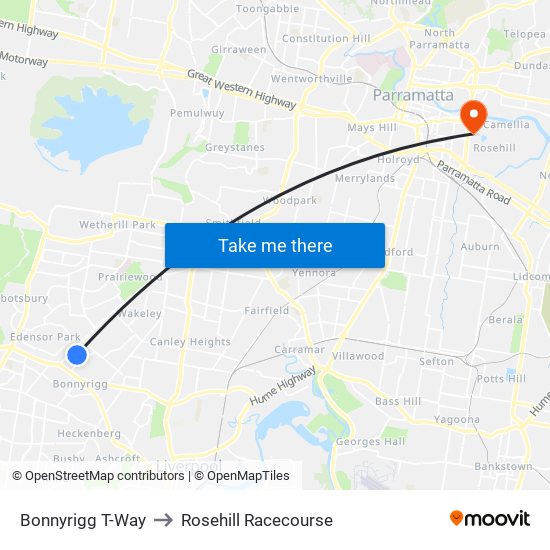 Bonnyrigg T-Way to Rosehill Racecourse map