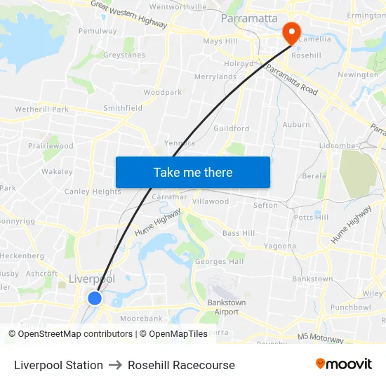 Liverpool Station to Rosehill Racecourse map