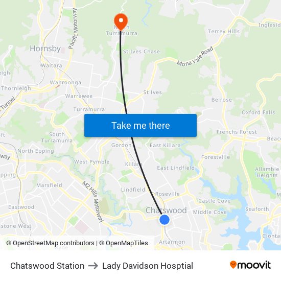 Chatswood Station to Lady Davidson Hosptial map