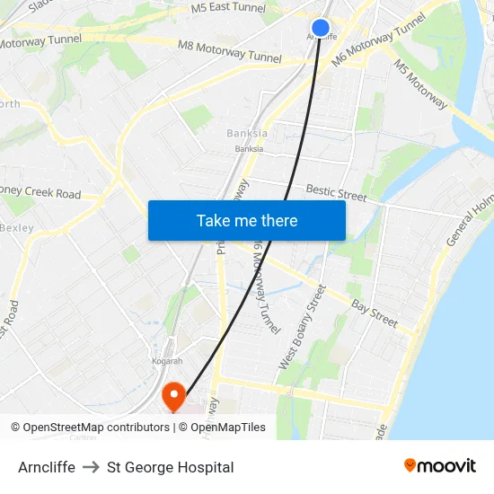 Arncliffe to St George Hospital map