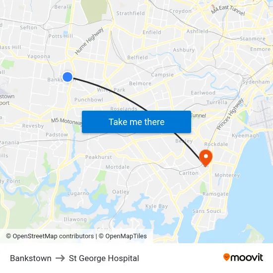 Bankstown to St George Hospital map
