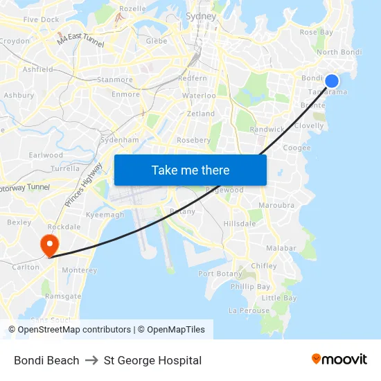 Bondi Beach to St George Hospital map