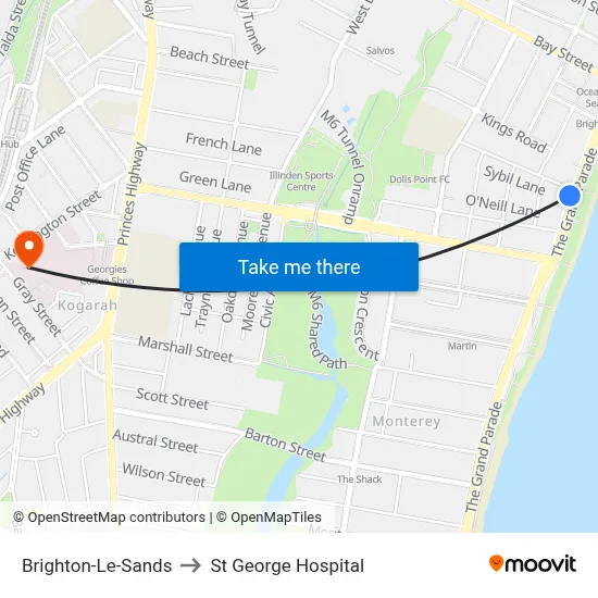Brighton-Le-Sands to St George Hospital map