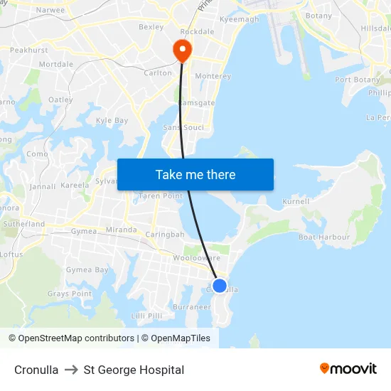 Cronulla to St George Hospital map