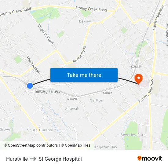 Hurstville to St George Hospital map