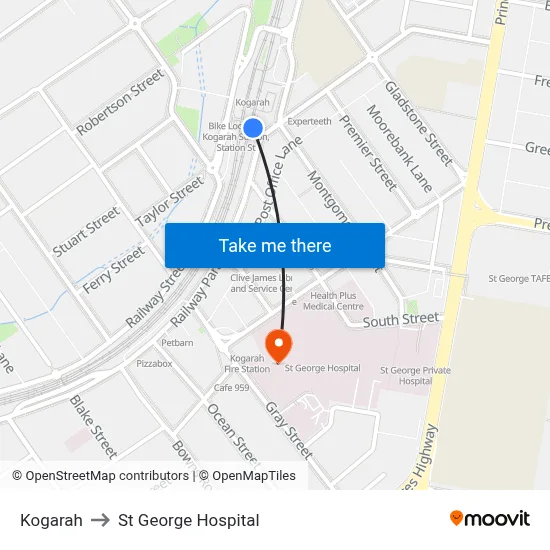 Kogarah to St George Hospital map