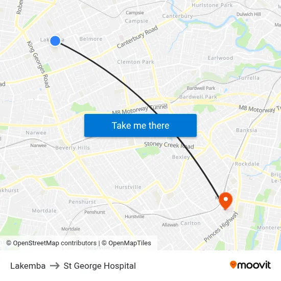 Lakemba to St George Hospital map