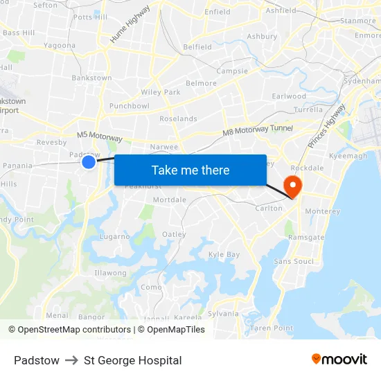 Padstow to St George Hospital map