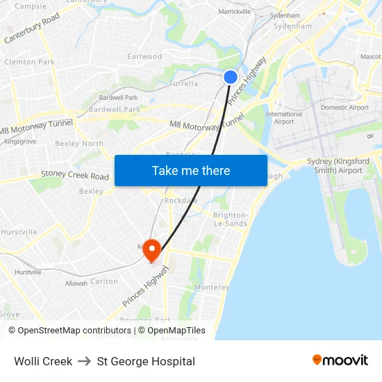 Wolli Creek to St George Hospital map