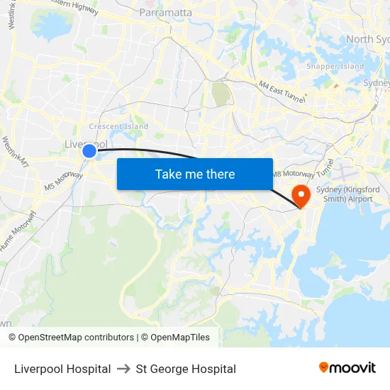 Liverpool Hospital to St George Hospital map