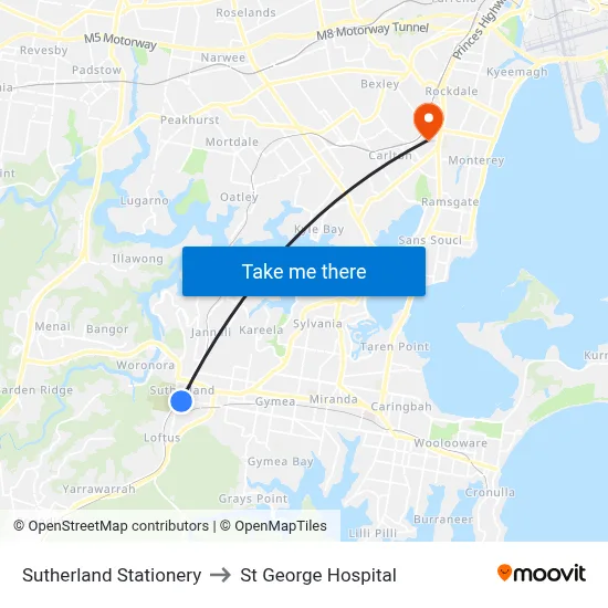 Sutherland Stationery to St George Hospital map
