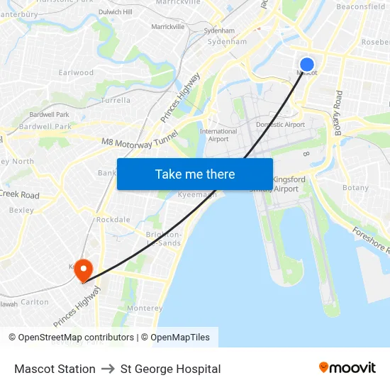Mascot Station to St George Hospital map