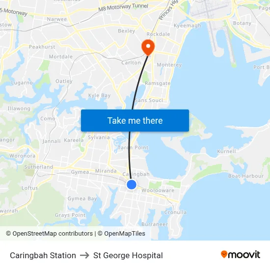 Caringbah Station to St George Hospital map