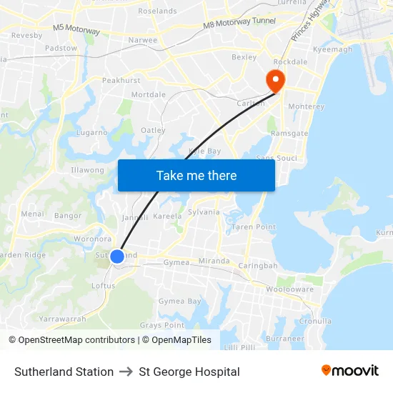 Sutherland Station to St George Hospital map