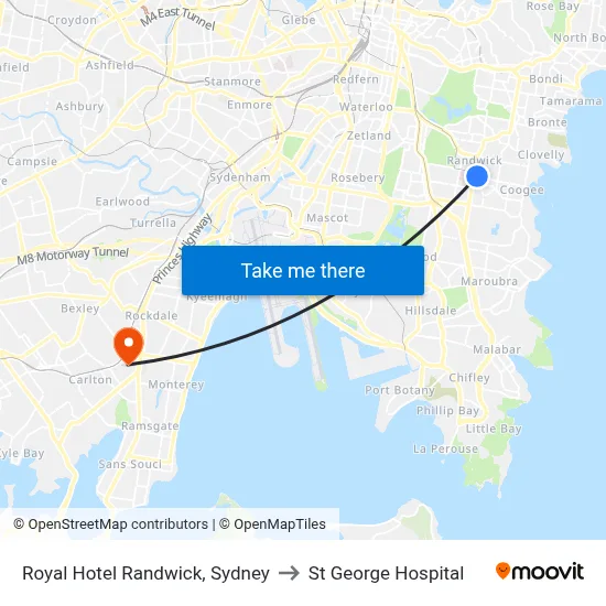 Royal Hotel Randwick, Sydney to St George Hospital map