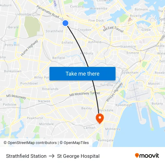 Strathfield Station to St George Hospital map