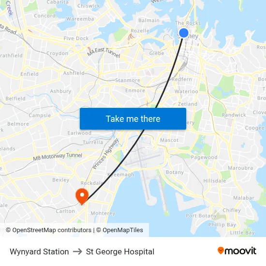 Wynyard Station to St George Hospital map