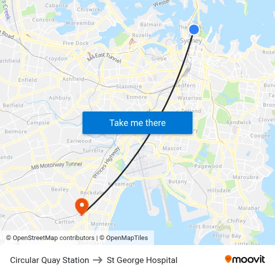 Circular Quay Station to St George Hospital map