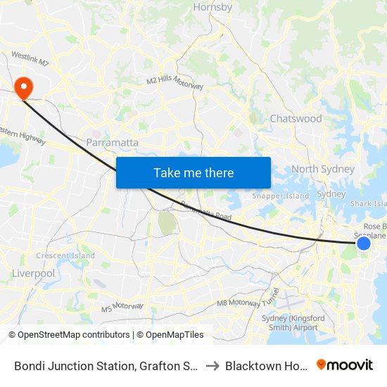 Bondi Junction Station, Grafton St, Stand R to Blacktown Hospital map