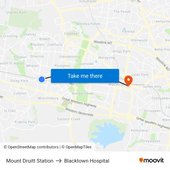 Mount Druitt Station to Blacktown Hospital map
