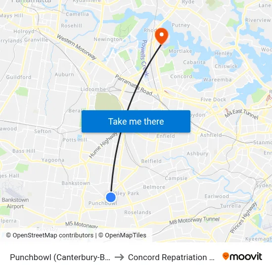 Punchbowl (Canterbury-Bankstown - NSW) to Concord Repatriation General Hospital map